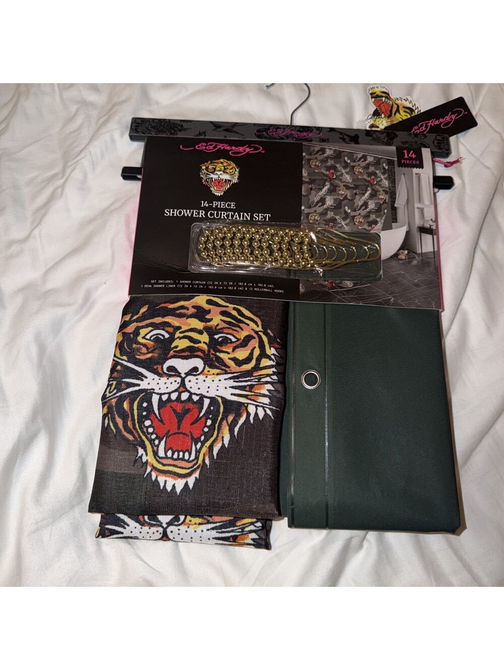 New ED HARDY  14-Piece Shower Curtain Set Tiger Camo Dice American Tattoo Art